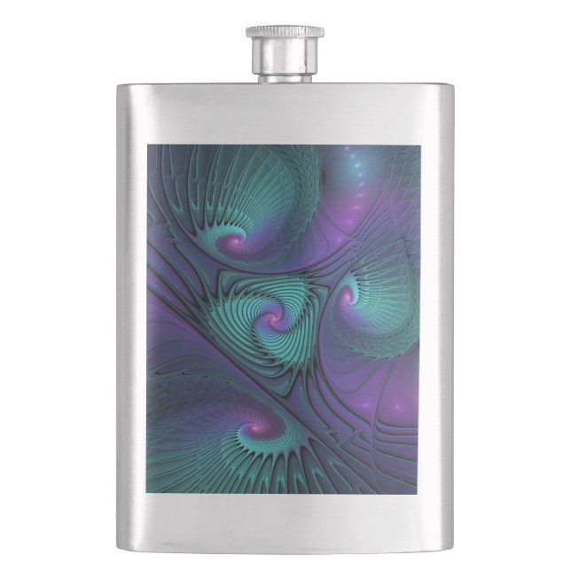 Purple Meets Turquoise Modern Abstract Fractal Art Hip Flask (Front)