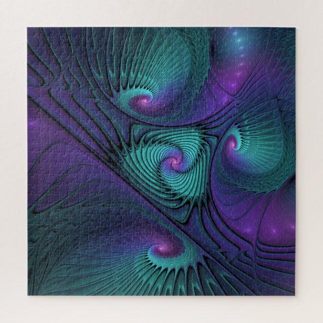 Purple meets Turquoise modern abstract Fractal Art Jigsaw Puzzle (Vertical)