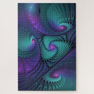Purple meets Turquoise modern abstract Fractal Art Jigsaw Puzzle