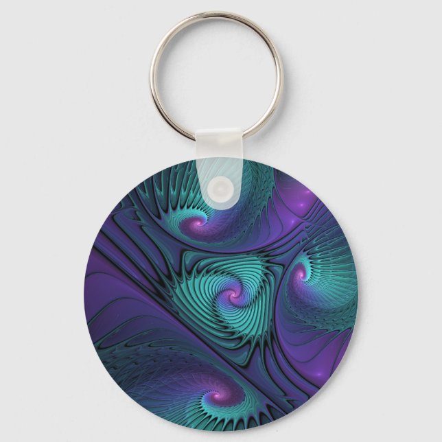 Purple Meets Turquoise Modern Abstract Fractal Art Key Ring (Front)