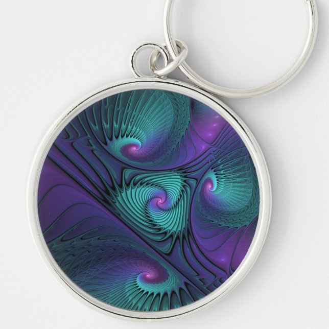 Purple Meets Turquoise Modern Abstract Fractal Art Key Ring (Front)