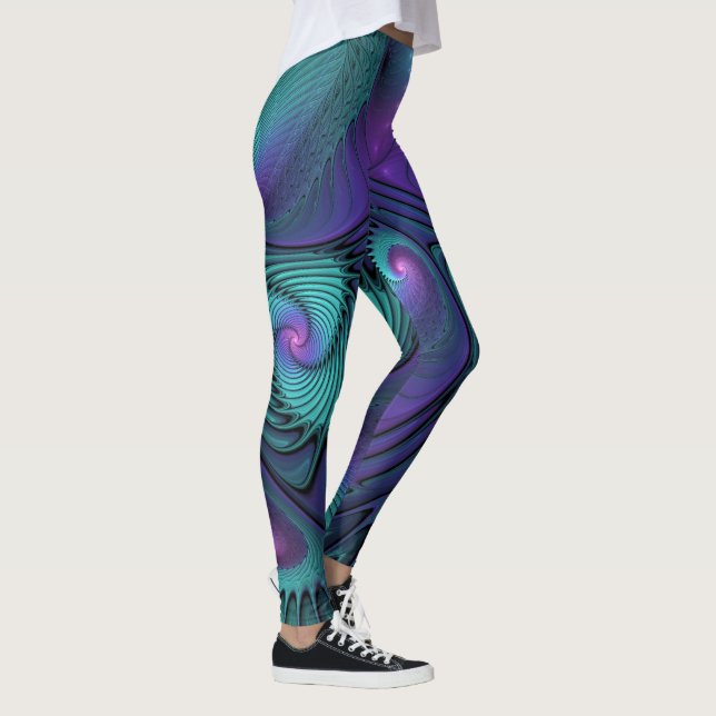 Purple meets Turquoise modern abstract Fractal Art Leggings (Right)