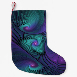 Purple Meets Turquoise Modern Abstract Fractal Art Small Christmas Stocking
