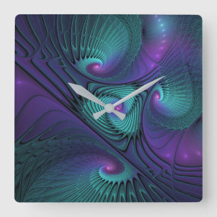 Purple meets Turquoise modern abstract Fractal Art Square Wall Clock