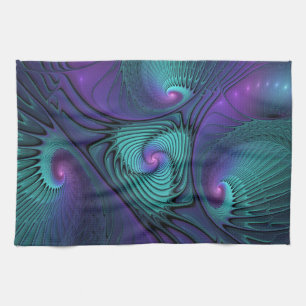 Purple meets Turquoise modern abstract Fractal Art Tea Towel