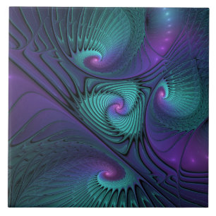 Purple Meets Turquoise Modern Abstract Fractal Art Tile