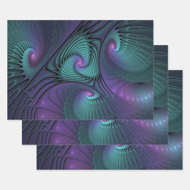 Purple meets Turquoise modern abstract Fractal Art Wrapping Paper Sheet (Set)