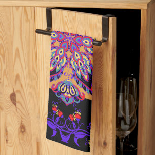 Purple Mehndi Floral Artwork, Violet Nature Tea Towel
