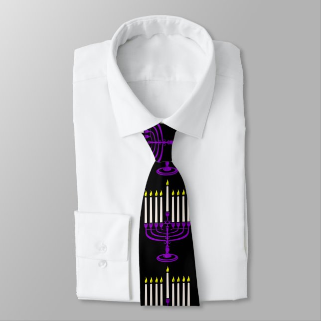 purple menorah hanukkah tie (Tied)