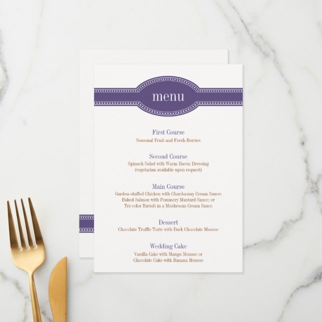 Purple Menu Card, Caroline Wedding Collection (Front/Back In Situ)