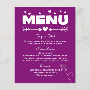 Purple Menu With Butterfly & Hearts Wedding
