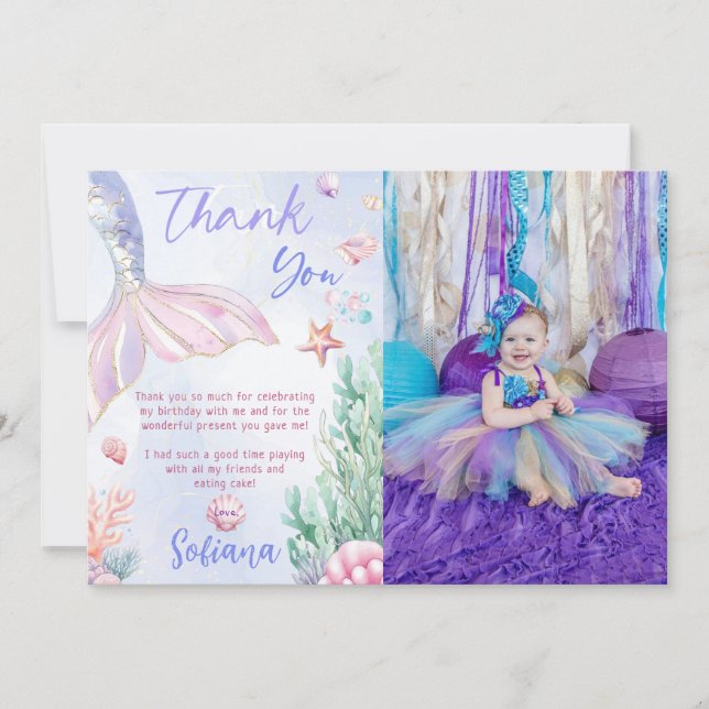 Purple Mermaid 1st Birthday Oneder the Sea Photo Thank You Card (Front)