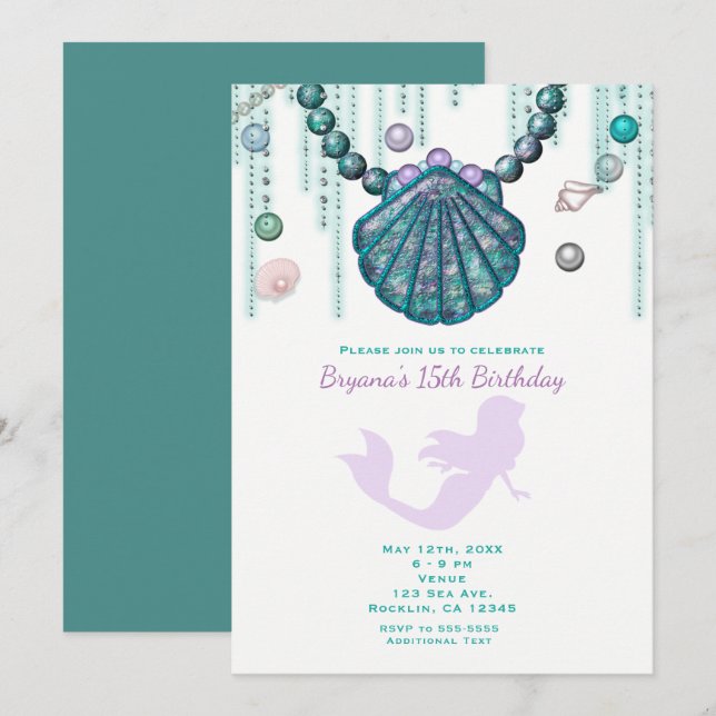 Purple Mermaid Beach Birthday Party Invitations (Front/Back)