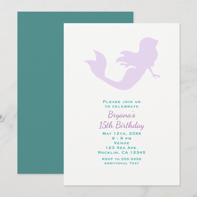 Purple Mermaid Beach Birthday Party Invitations (Front/Back)