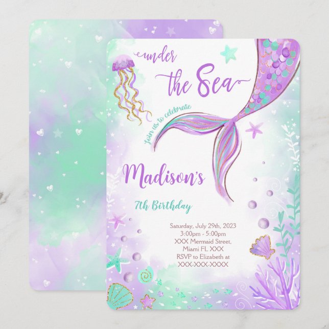 Purple Mermaid Birthday Invitation (Front/Back)