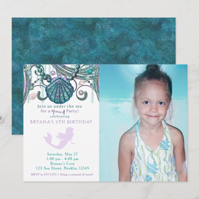 Purple Mermaid Birthday Party Photo Invitations (Front/Back)