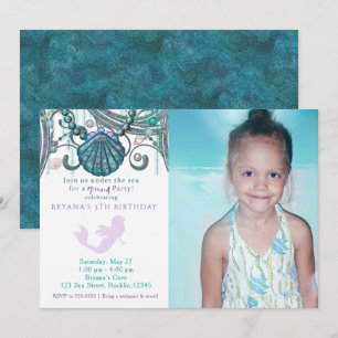 Purple Mermaid Birthday Party Photo Invitations