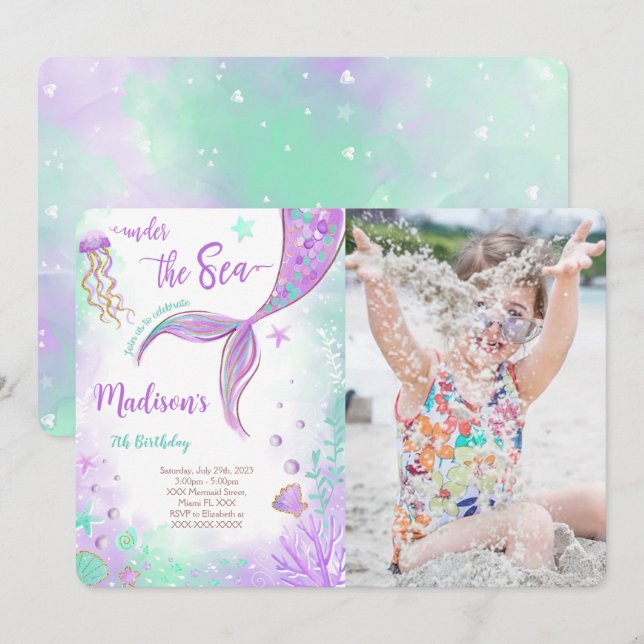 Purple Mermaid Birthday Photo Invitation (Front/Back)