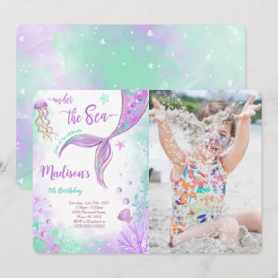 Purple Mermaid Birthday Photo Invitation