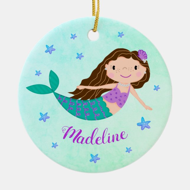 Purple Mermaid Christmas Personalised Name Ceramic Tree Decoration (Front)