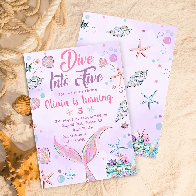 Purple Mermaid Dive Into Five 5th Birthday Invitation (Creator Uploaded)