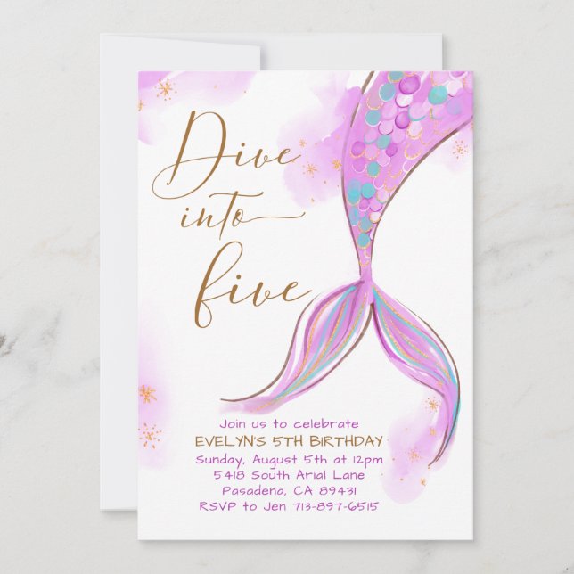 Purple Mermaid Dive Into Five 5th Birthday Party Invitation (Front)
