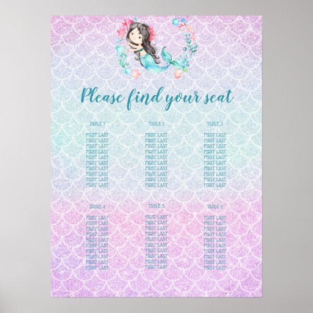Purple Mermaid Girl's Baby Shower Seating Chart (Front)