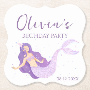 Purple Mermaid Girls Personalized Birthday Paper Coaster