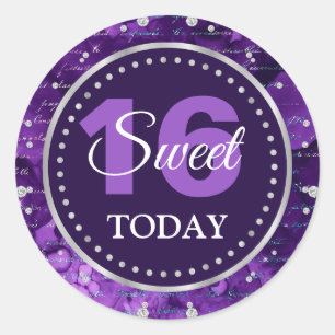 Purple Mermaid Letters Pattern & Glitter Sweet 16 Classic Round Sticker