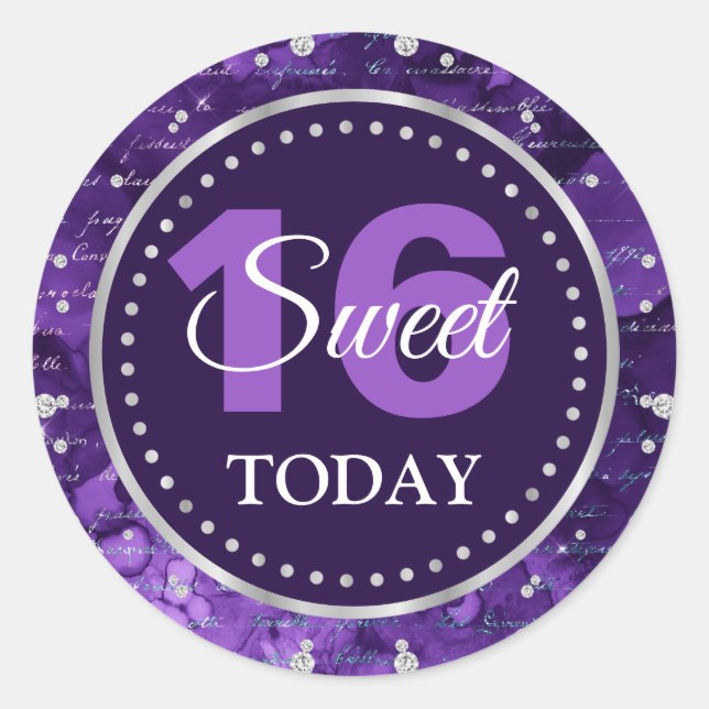 Purple Mermaid Letters Pattern & Glitter Sweet 16 Classic Round Sticker (Front)