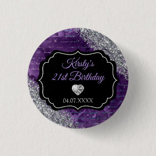 Purple Mermaid Letters Silver Glitter Birthday 3 Cm Round Badge