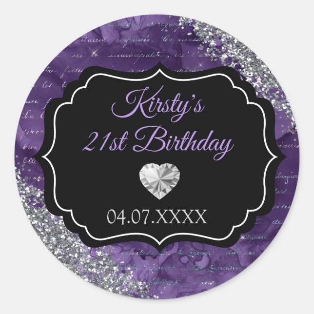 Purple Mermaid Letters Silver Glitter Birthday Classic Round Sticker (Front)