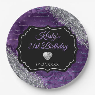 Purple Mermaid Letters Silver Glitter Birthday Paper Plate