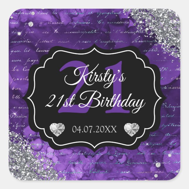 Purple Mermaid Letters & Silver Glitter Birthday Square Sticker (Front)