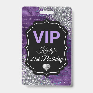 Purple Mermaid Letters Silver Glitter Birthday VIP ID Badge