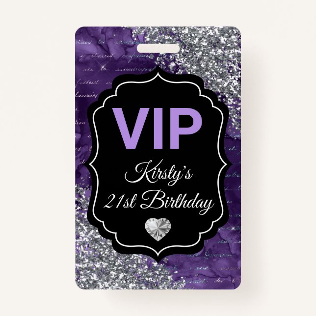 Purple Mermaid Letters Silver Glitter Birthday VIP ID Badge (Front)