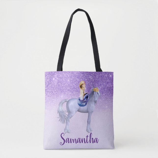 Purple Mermaid on Unicorn Personalised Tote Bag (Front)