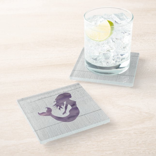 Purple Mermaid Painting Beach Glass Coaster (Angled)