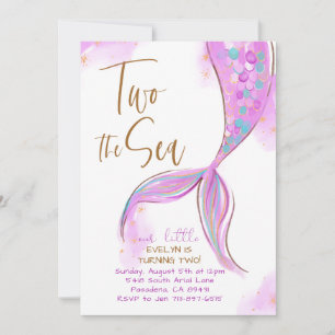 Purple Mermaid Party Two The Sea 2nd Birthday  Invitation