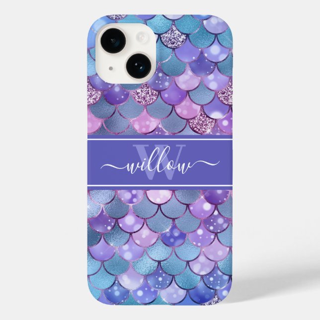 Purple Mermaid Scales Pattern Name Monogram Case-Mate iPhone Case (Back)