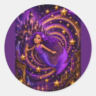 Purple Mermaid Star Spiral Fantasy Castle Art   Ma Classic Round Sticker