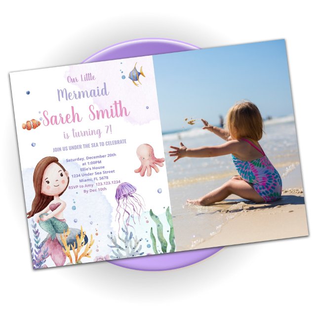 Purple Mermaid Tail Birthday Invitations w photo (Purple Mermaid Tail Birthday Invitations w photo)