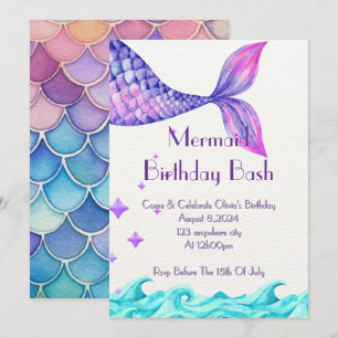 Purple mermaid tail girl birthday invitation 