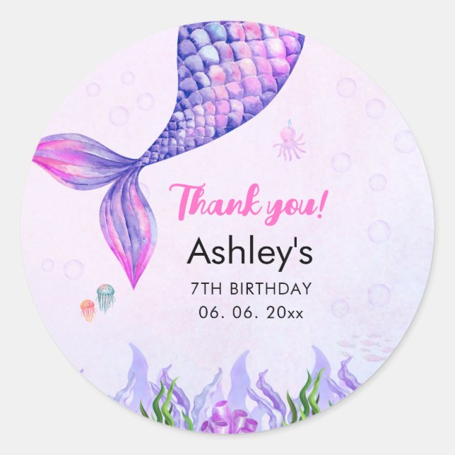 Purple Mermaid Tail, Girl's Birthday Classic Round Sticker (Front)