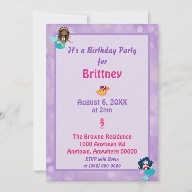 Purple Mermaid Theme Bokeh Background Invitation (Front)