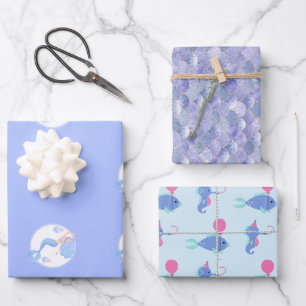 Purple Mermaid Theme Kids Birthday Party Wrapping Paper Sheet