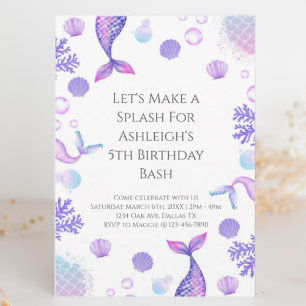 Purple Mermaid Themed Birthday Party Invitation