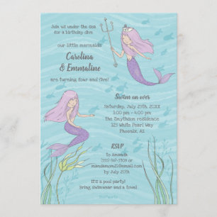 Purple Mermaid Twins or Sisters Birthday Invitation