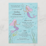 Purple Mermaid Twins or Sisters Birthday Invitation<br><div class="desc">Purple mermaid twins (or sisters!) on a wavy aqua blue background decorate the front of this whimsical birthday invitation. On the back find a cute purple jellyfish and room for a photo and personalisation. This sweet design will delight mermaid fans of all ages and can be used for twin or...</div>