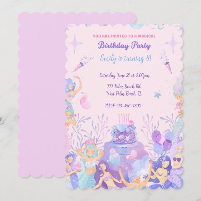 Purple Mermaid Under the Sea Birthday  Invitation (Front/Back)